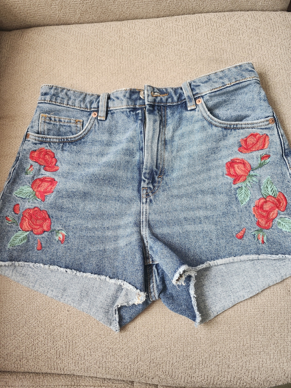 Monki 100% Cotton Blue Denim Shorts with Red Rose Embroidery